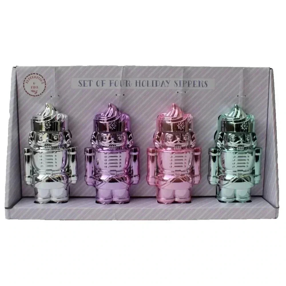 New Set Peppermint & Pine Nutcracker Metallic Holiday Sippers Tumblers W/ Straws